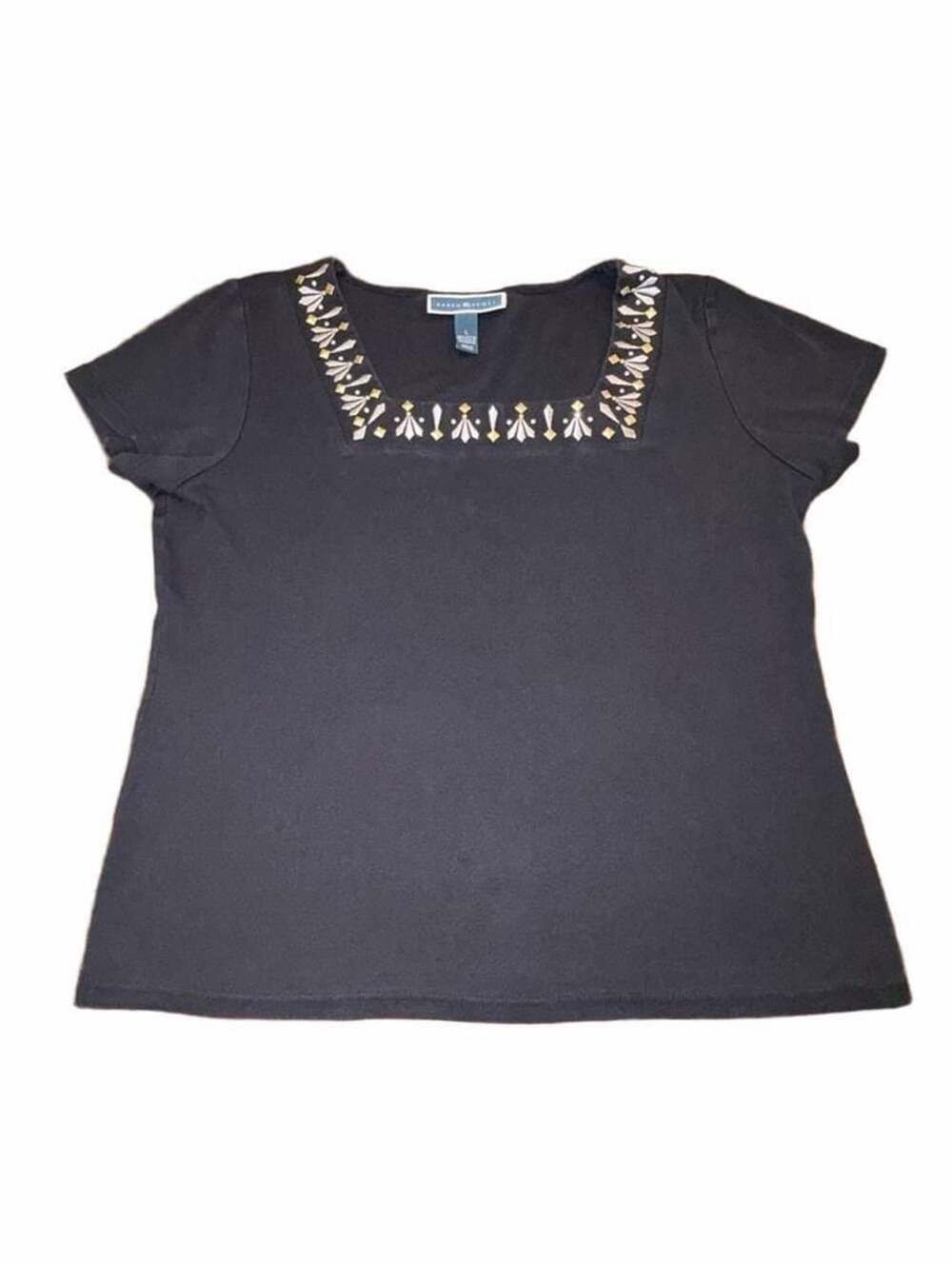 Karen Scott Women’s Large Black Embellished Square Neck Short Sleeve Top Studded